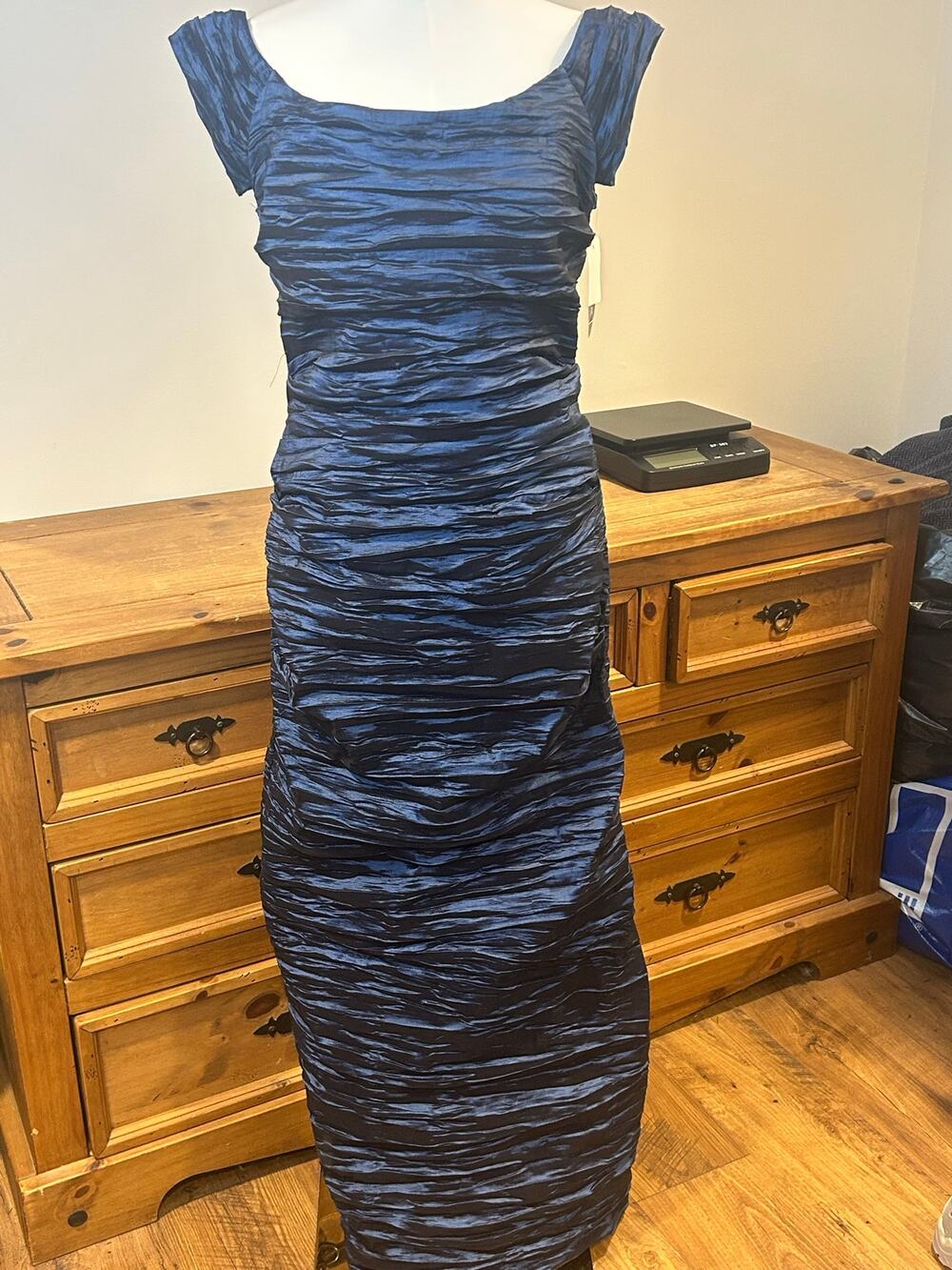 Alex Evening 14 Crinkled Taffeta Texture All-Over Ruching Navy Blue Jewel Tone